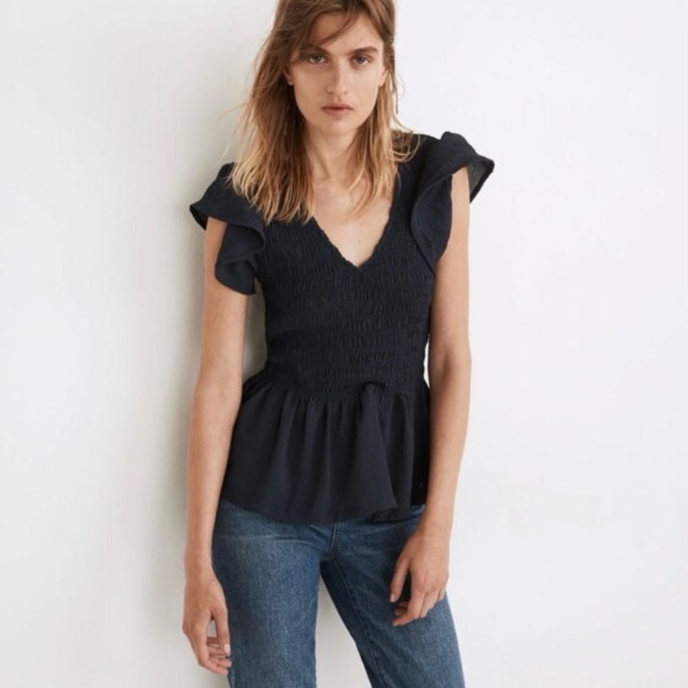 EUC Madewell V-Neck Flutter Sleeve Smocked Top